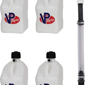 VP Racing Fuels 5.5-Gallon Square Motorsport Utility Container, White 4 Pack w/14 Inch Standard Hose Close-Trimmed Cap and Neck for Tight Seal