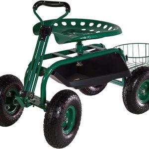 Sunnydaze Garden Cart Rolling Scooter with Extendable Steer Handle， Swivel Seat and Utility Tool Tray， Green
